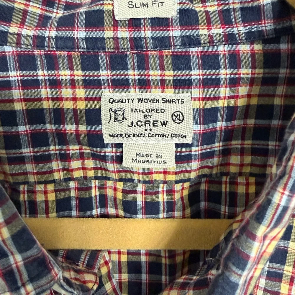 J. Crew Men's Casual Button Down Shirt Black Yellow Red Plaid Slim Fit Preppy XL